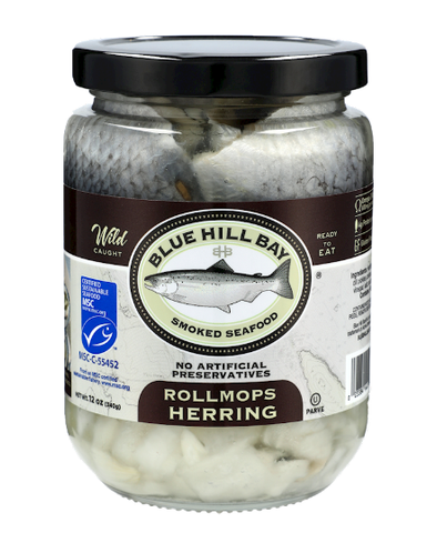 Rollmops Herring Fillets with Pickles (Blue Hill Bay), 12 oz Jar - Parthenon Foods