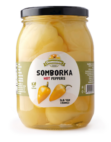 Somborka Hot Yellow Peppers(Domasen) 52 oz - Parthenon Foods