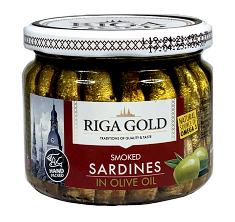 Riga Gold Smoked Sardines in Olive Oil, 250g Jar - Parthenon Foods