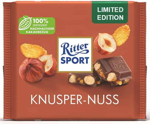Ritter Sport Knusper-Nuss, Milk Chocolate with Whole Hazelnuts and Corn Flakes, 100g