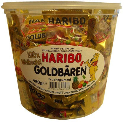Haribo Mini Goldbaren, 100x minibeutel, 980g Tub NOTE: PAST BB DATE. - Parthenon Foods