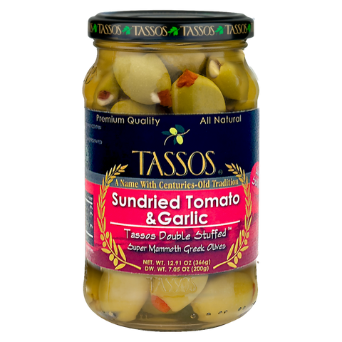 Greek Olives Stuffed with Sundried Tomato and Garlic (Tassos) 12.9 oz - Parthenon Foods