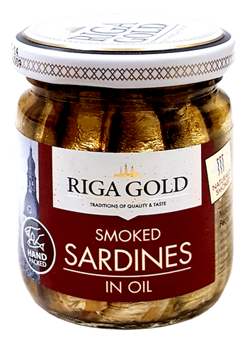 Riga Gold Smoked Sardines in Oil, 100g Jar or Old Riga - Parthenon Foods